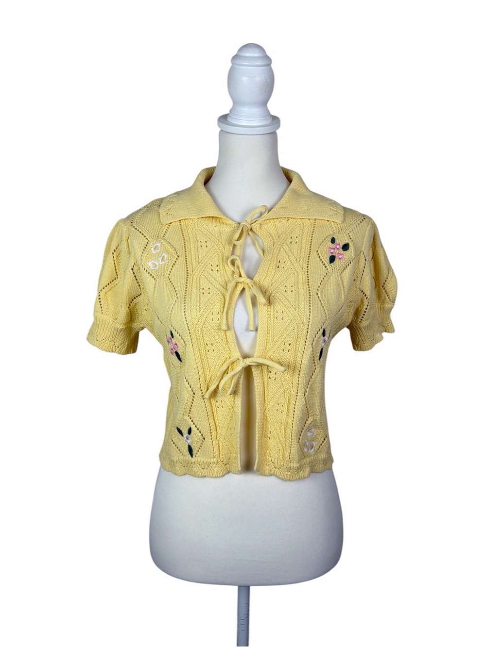 Hazel Moon Yellow Cottagecore Tie Front Knit Cardigan Sweater Floral Shabby Chic